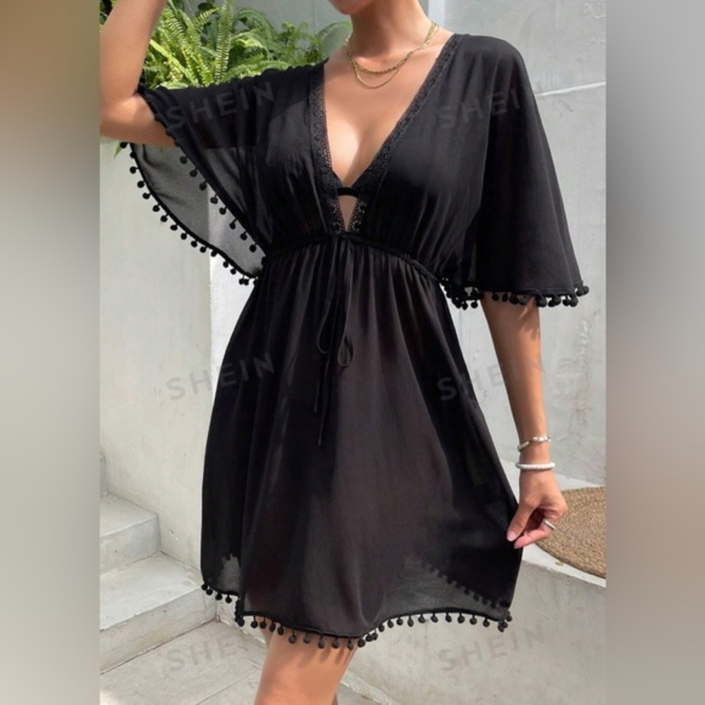 SHEIN Swim 🌸Pom Pom🌸 Trim Tie Front Cover Up - SZ M